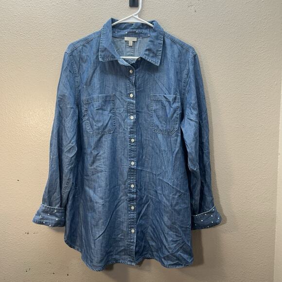 Talbots Button Front Chambray Denim Button Up Shirt Polka Dot Trim Sz Petite XL - Picture 1 of 5